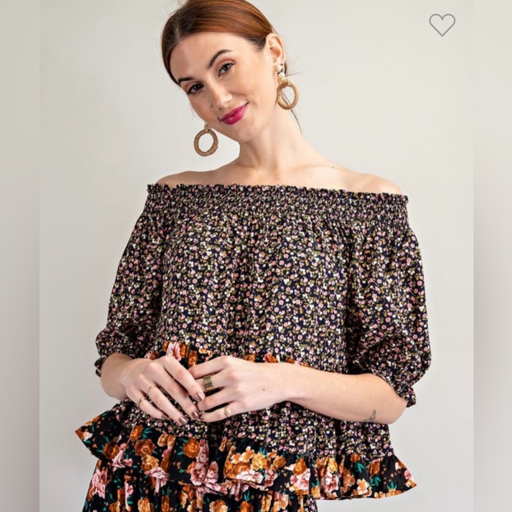 Off-Shoulder Floral Smocked Top in Black and Multi